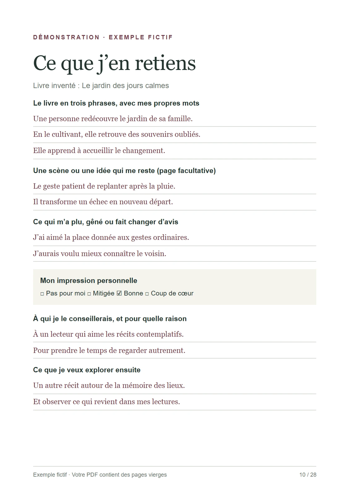 Aperçu d’une page du carnet de lecture