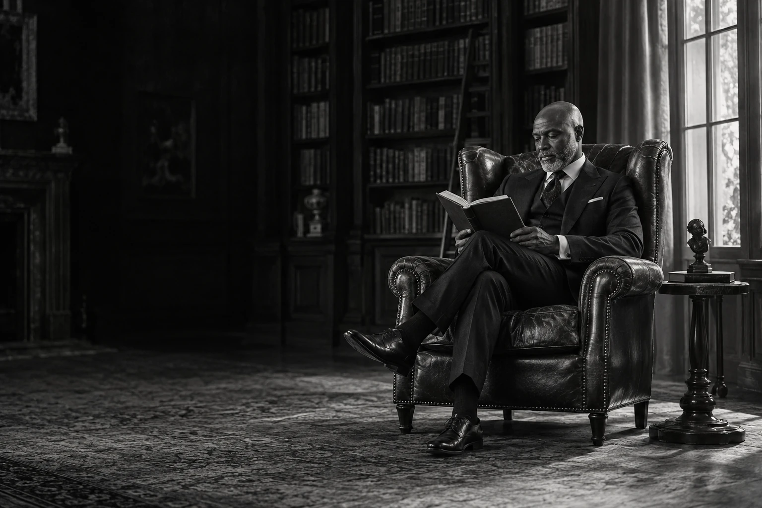 Un homme lit près de la fenêtre d’une bibliothèque, assis dans un fauteuil en cuir. Photographie illustrative générée par IA.