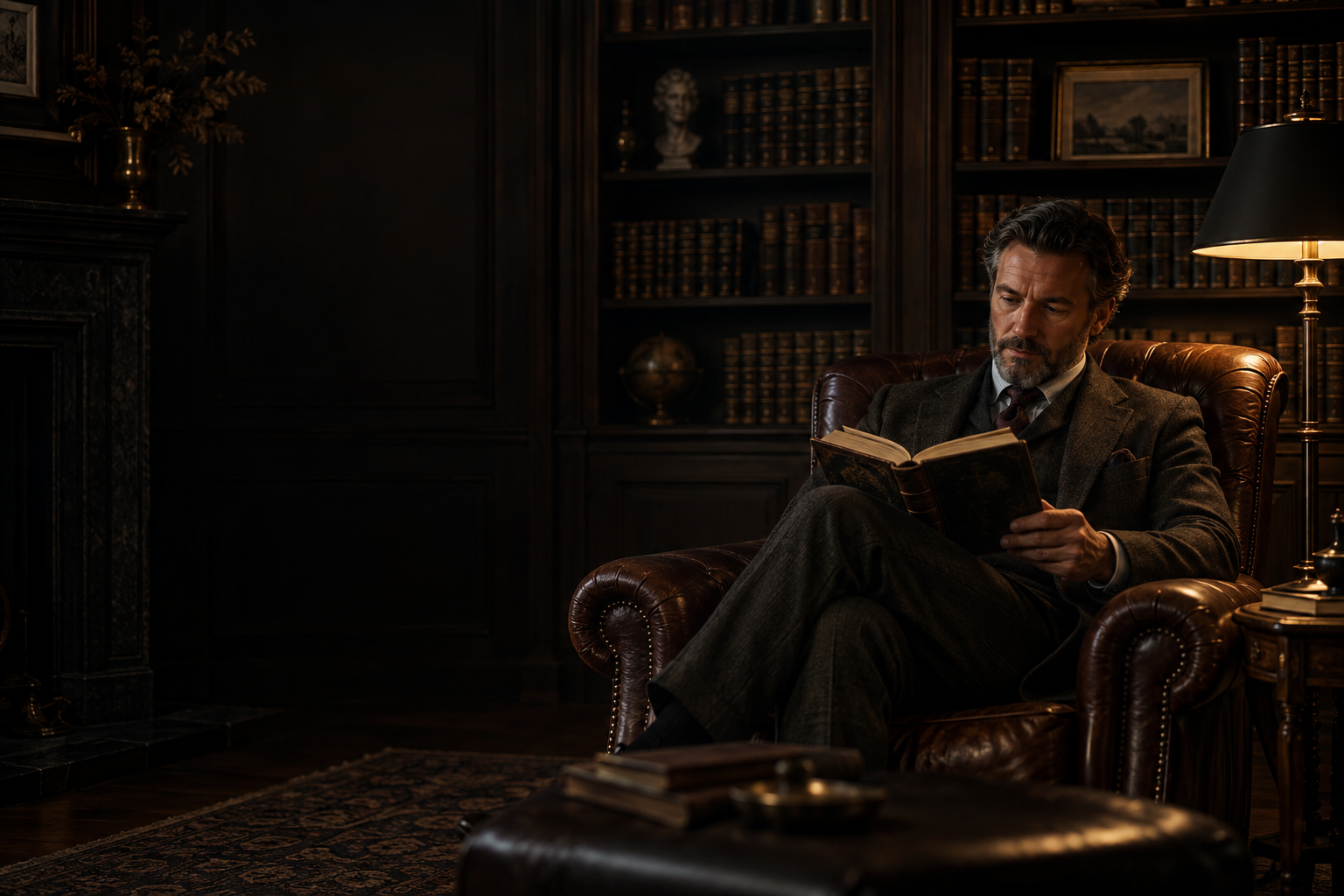 Un homme lit un classique dans un fauteuil en cuir, à la lumière d’une lampe, dans un salon sombre bordé de livres.